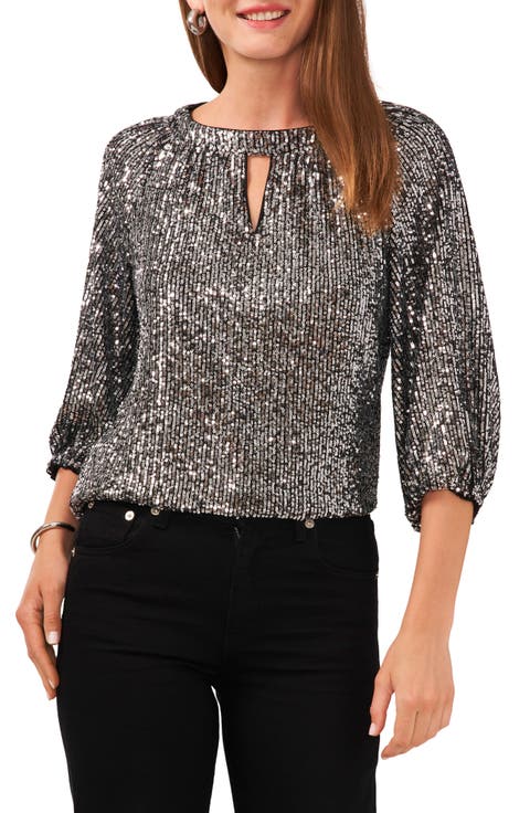 Sequin Keyhole Neck Blouse