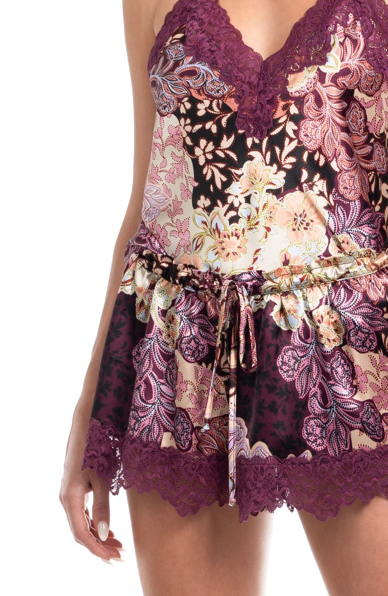 In Bloom by Jonquil Anna Printed Lace Trim Satin Camisole & Shorts Pajamas, Alternate, color, Plum