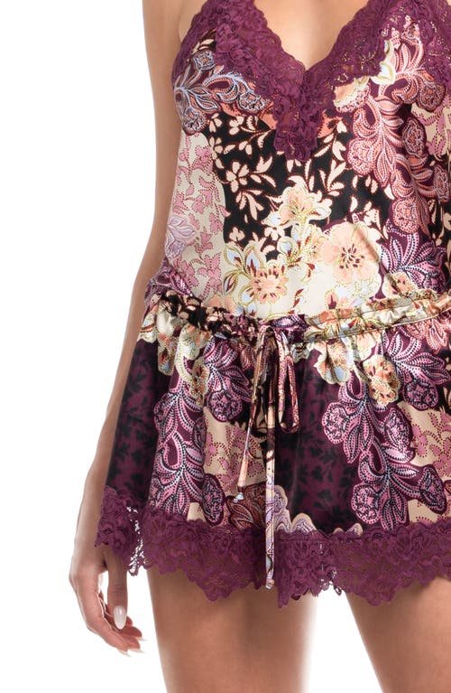 In Bloom By Jonquil Anna Printed Lace Trim Satin Camisole & Shorts Pajamas In Purple