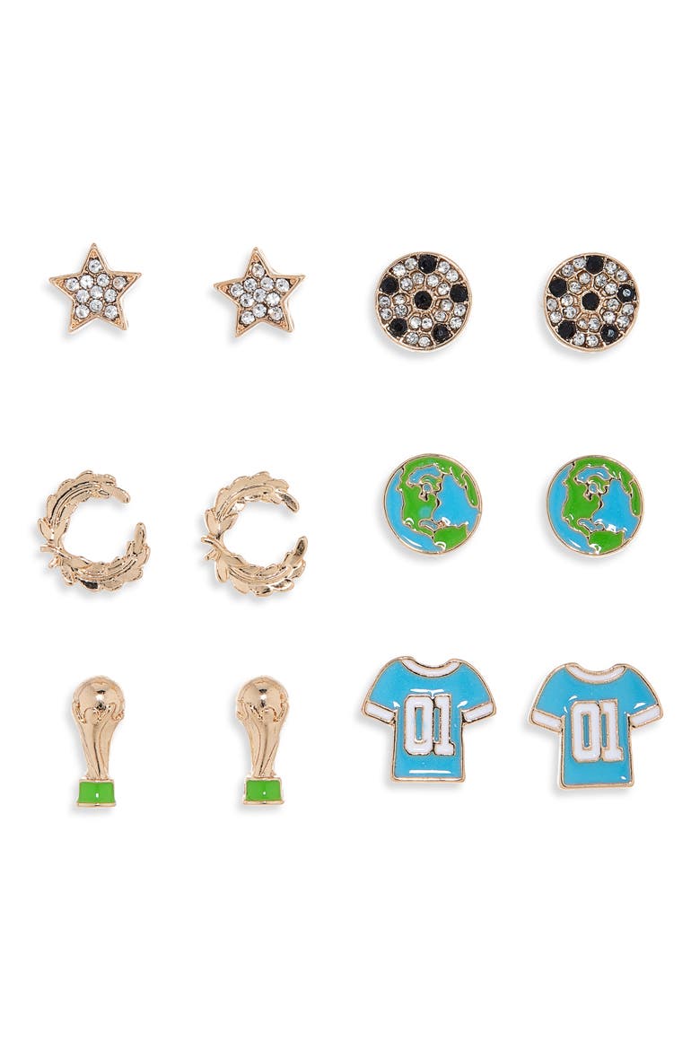 6-Pack Soccer Stud Earrings, Main, color, BLUE MULTI- GOLD