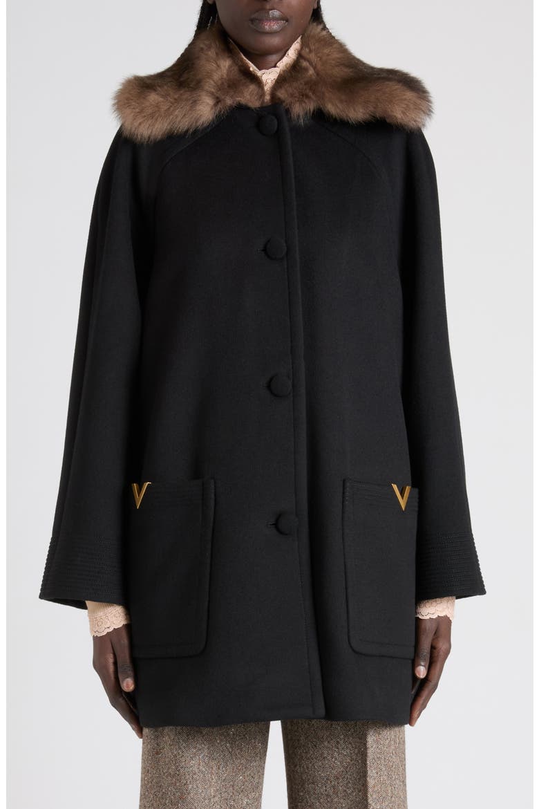 Genuine Shearling Collar Wool Coat, Alternate, color, BLACK