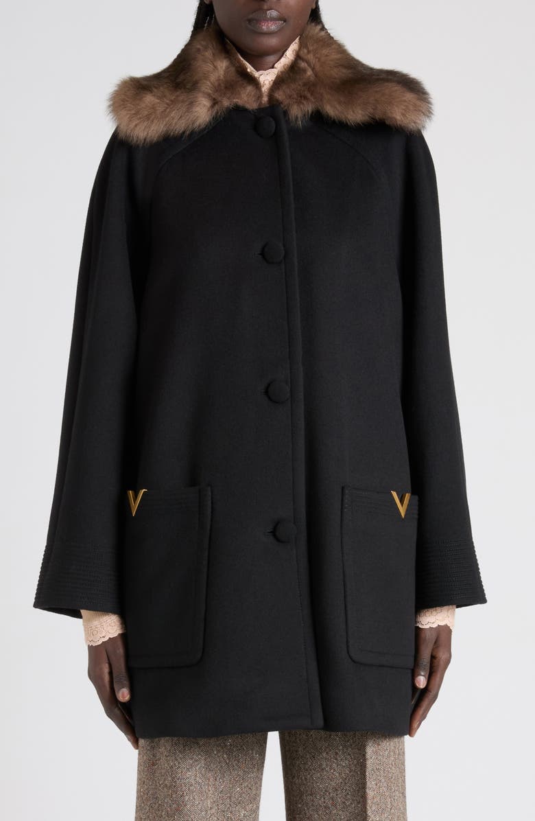 Valentino Genuine Shearling Collar Wool Coat, Alternate, color, Black
