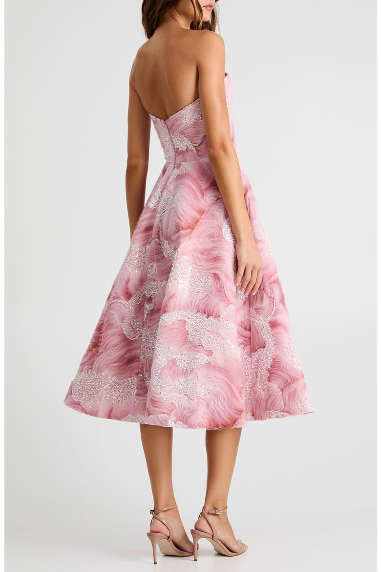 Vivi Bead Detail Print Strapless Cocktail Midi Dress, Alternate, color, ROSE PINK