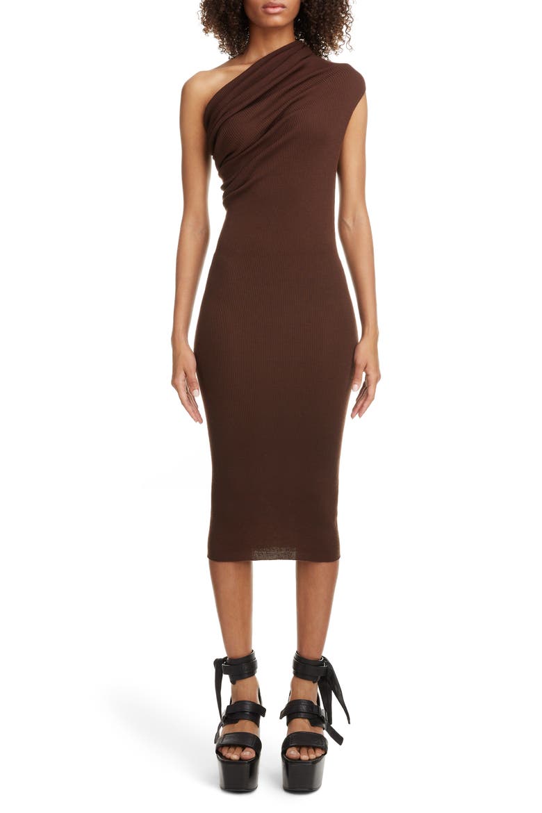 Rib One-Shoulder Midi Sweater Dress, Main, color, BRONZE