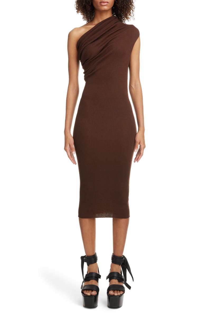 Rick Owens Rib One-Shoulder Midi Sweater Dress, Main, color, 