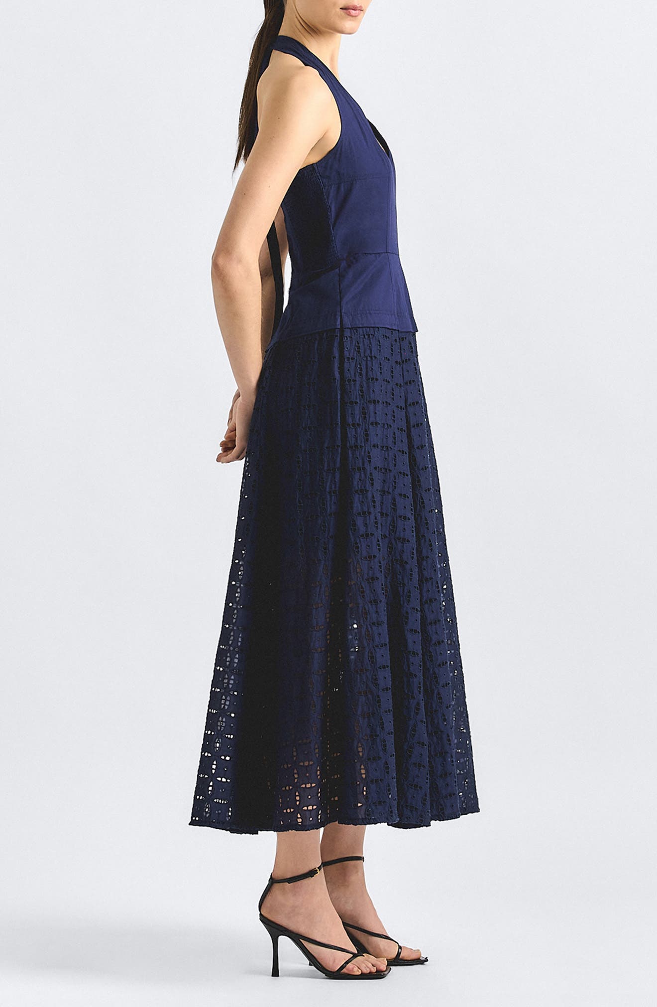 charlese eyelet halter maxi dress CHARLESE EYELET HALTER MAXI, SAND BAR MERMAID TAIL METALLIC EYELET
