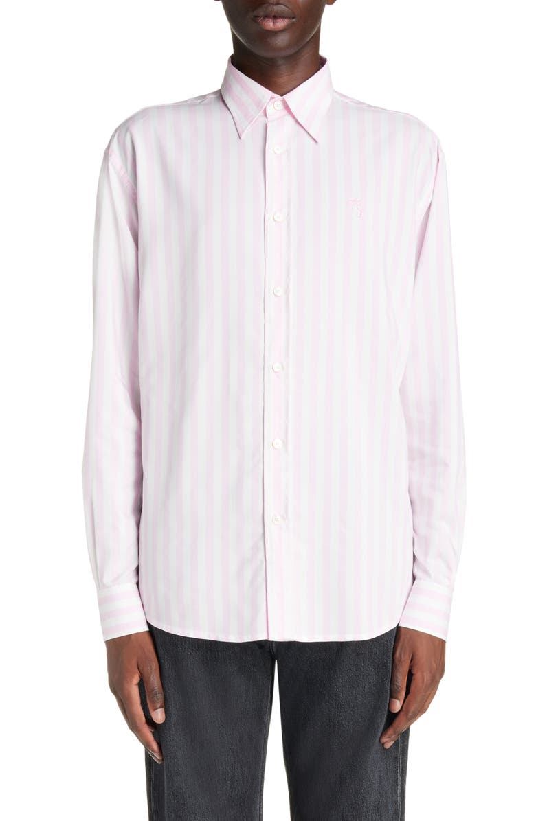 Acne Studios Embroidered Logo Stripe Button-Up Shirt, Main, color, Pink/ White