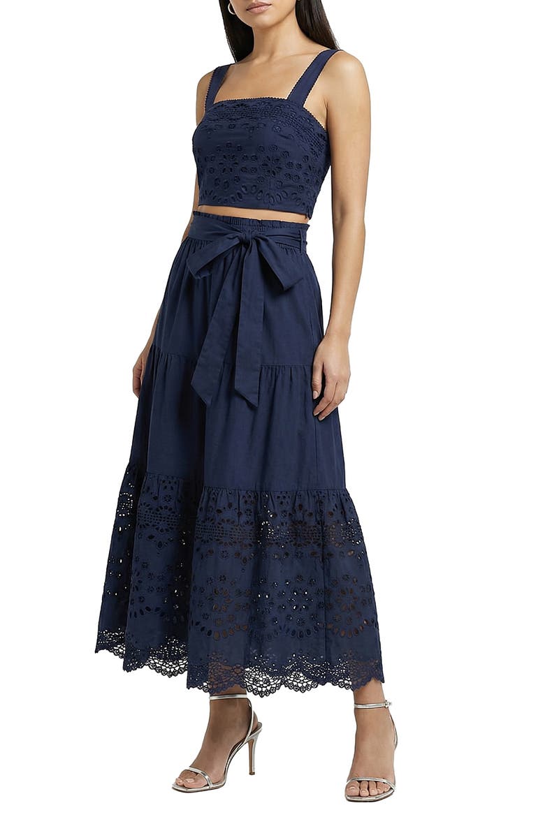 Jenni Tiered Belted Eyelet Smock Waist Skirt, Alternate, color, Navy Calypso Eyelet