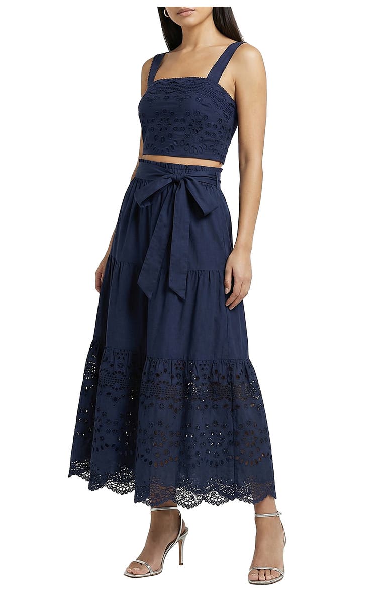 Change of Scenery Jenni Tiered Belted Eyelet Smock Waist Skirt, Alternate, color, Navy Calypso Eyelet