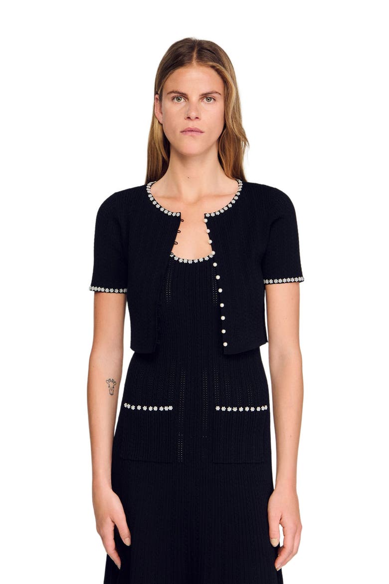Cropped beaded cardigan, Alternate, color, Black