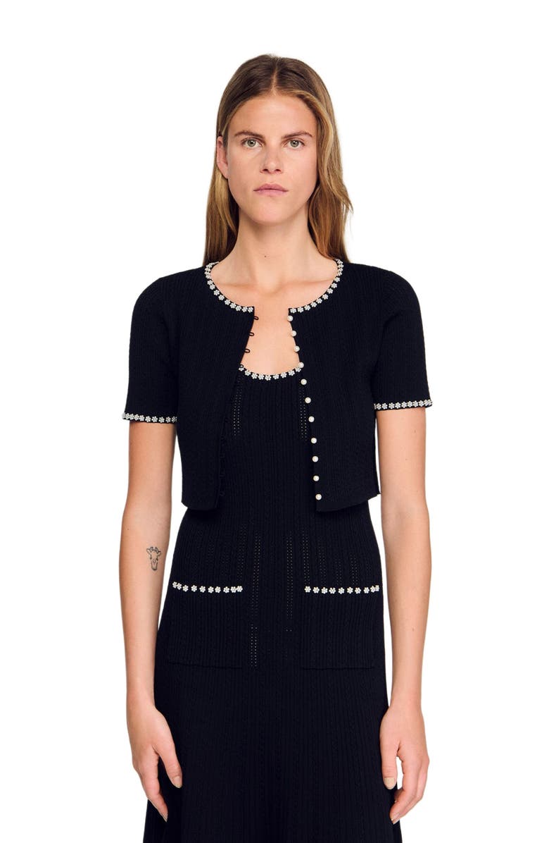 SANDRO Cropped beaded cardigan, Alternate, color, Black
