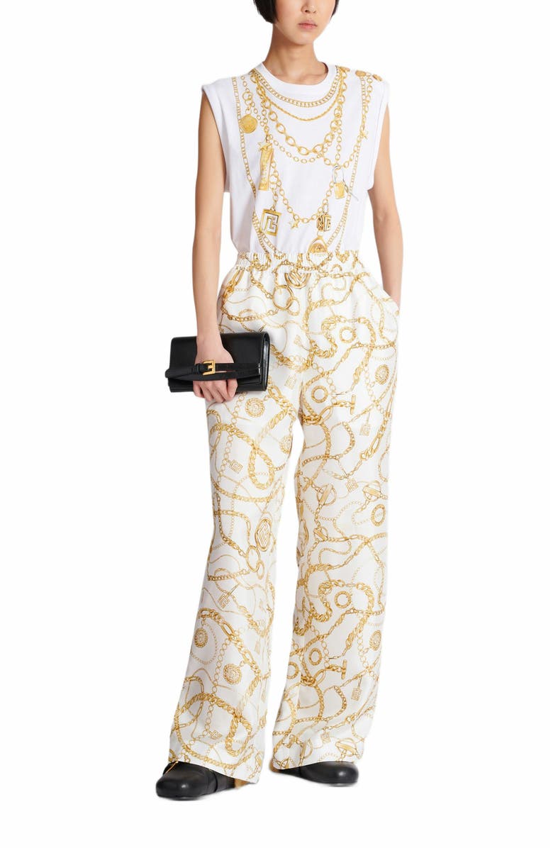 Balmain Flowing Printed Silk Trousers With Balmain Chains Pattern, Alternate, color, Gold