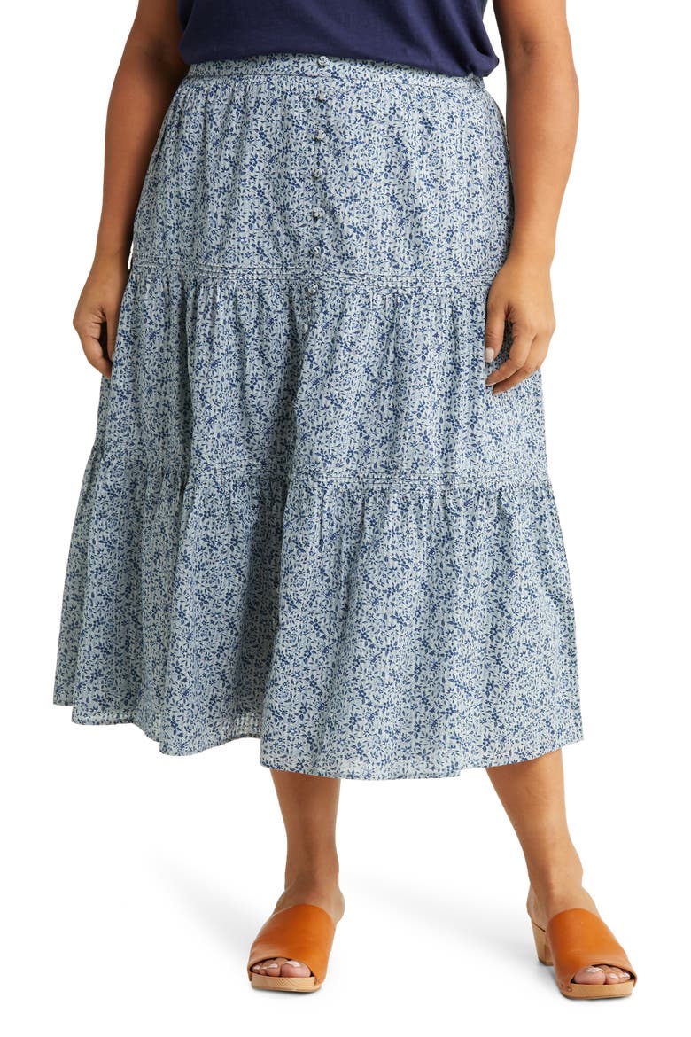 Florentine Floral Button Front Tiered Maxi Skirt, Main, color, GLASSWARE BLUE