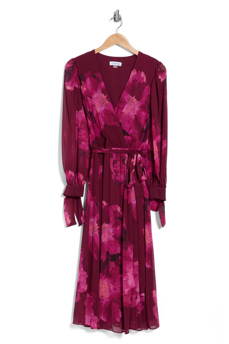 Floral Long Sleeve Chiffon Wrap Dress, Main, color, ROSEWOOD MULTI