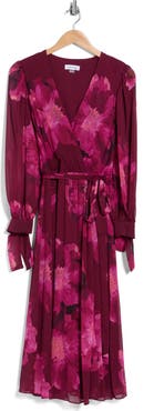 Calvin Klein Floral Long Sleeve Chiffon Wrap Dress