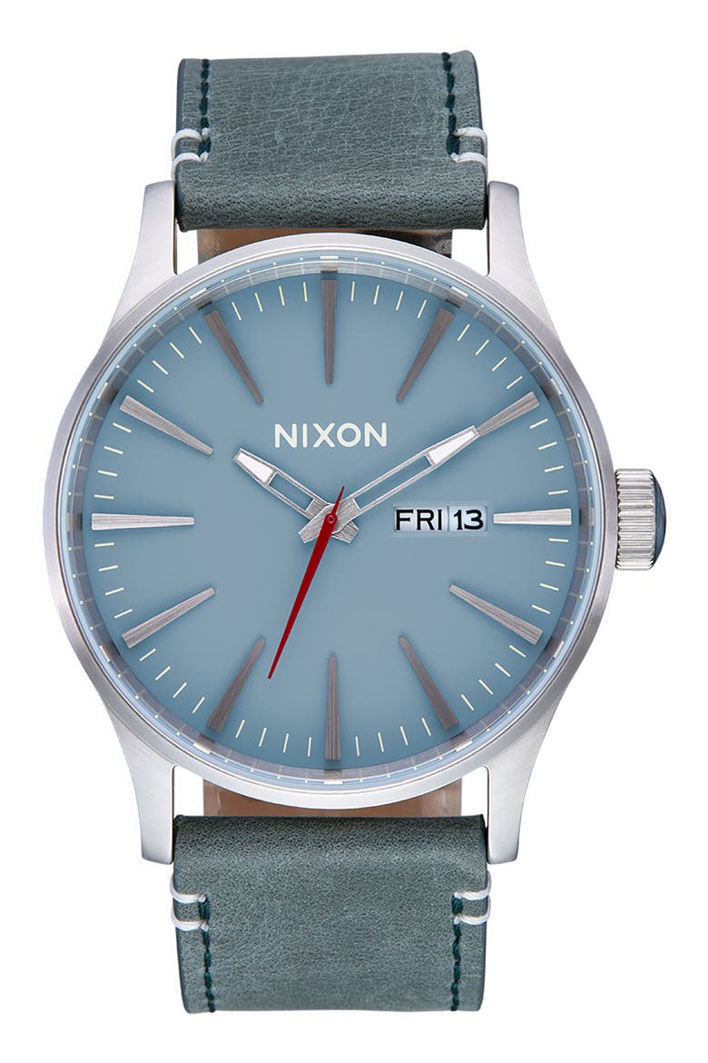 The Sentry Leather Strap Watch, 42mm, Main, color, SILVER / BLUE / FOREST