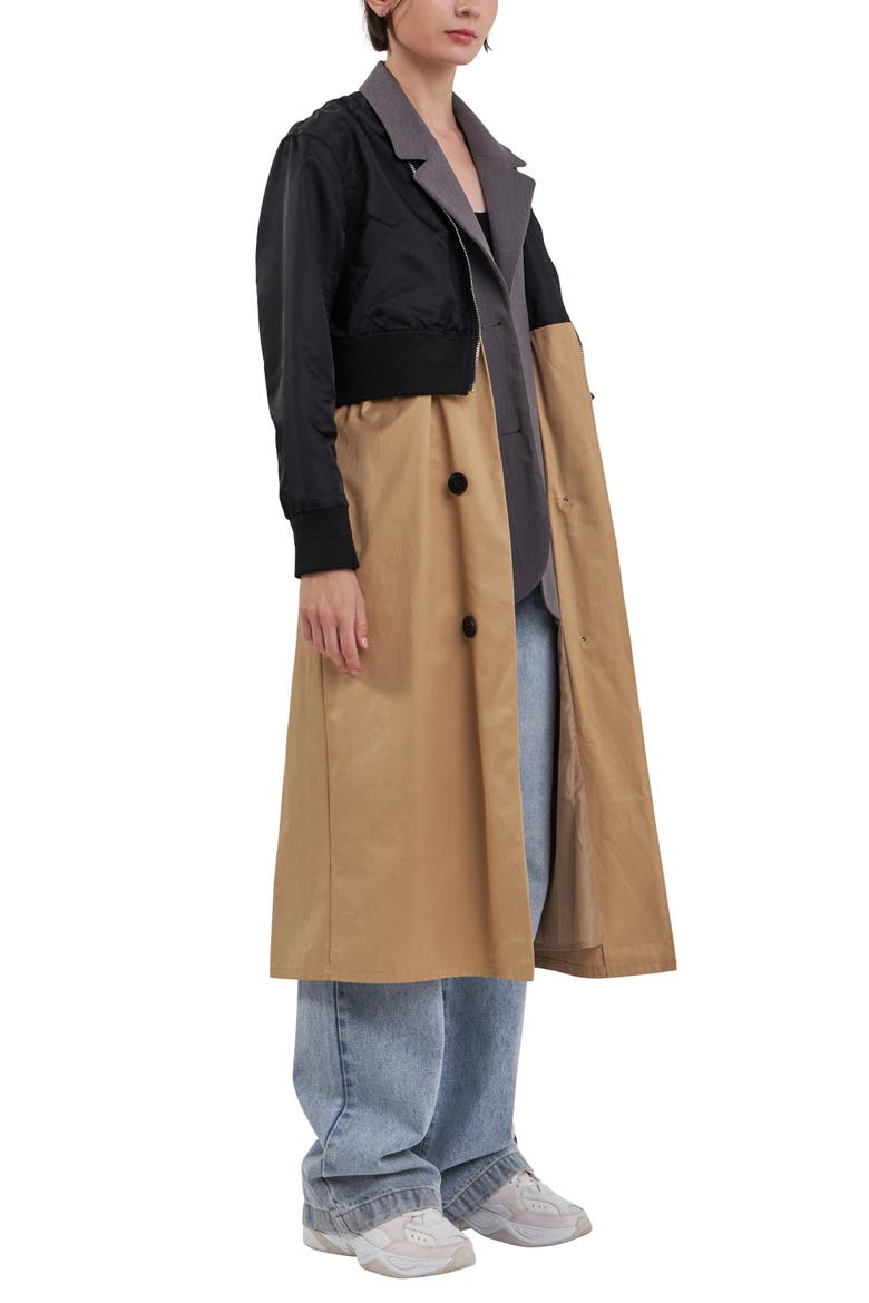 Trio Mixed Media Trench Coat, Alternate, color, BEIGE/ BLACK