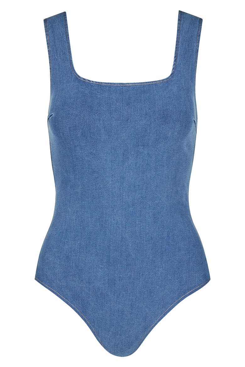 Do It All Stretch Denim Bodysuit, Alternate, color, LIGHT INDIGO