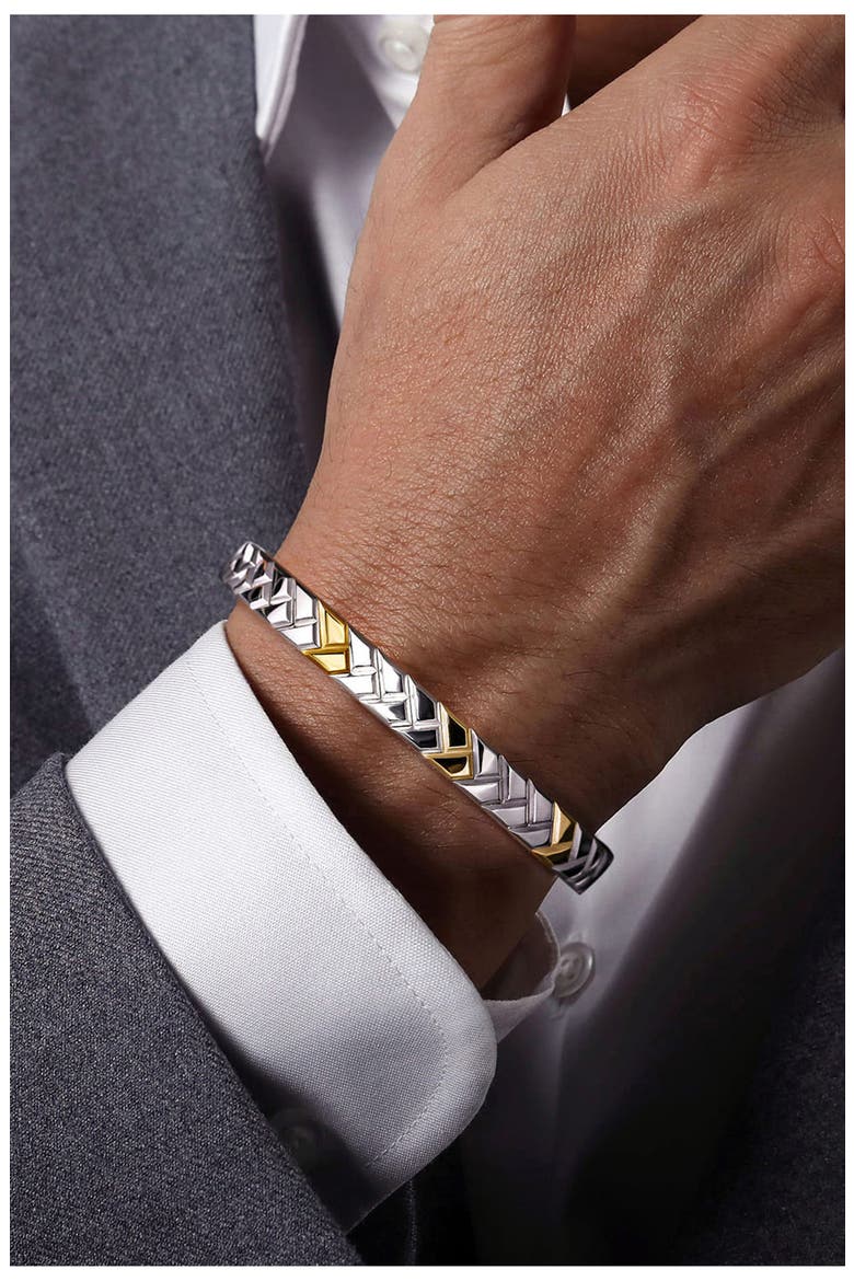Men's Heritage Weave Herringbone 14k Gold & Sterling Silver Cuff Bracelet, Alternate, color, STERLING SILVER/ 14K YELL GOLD
