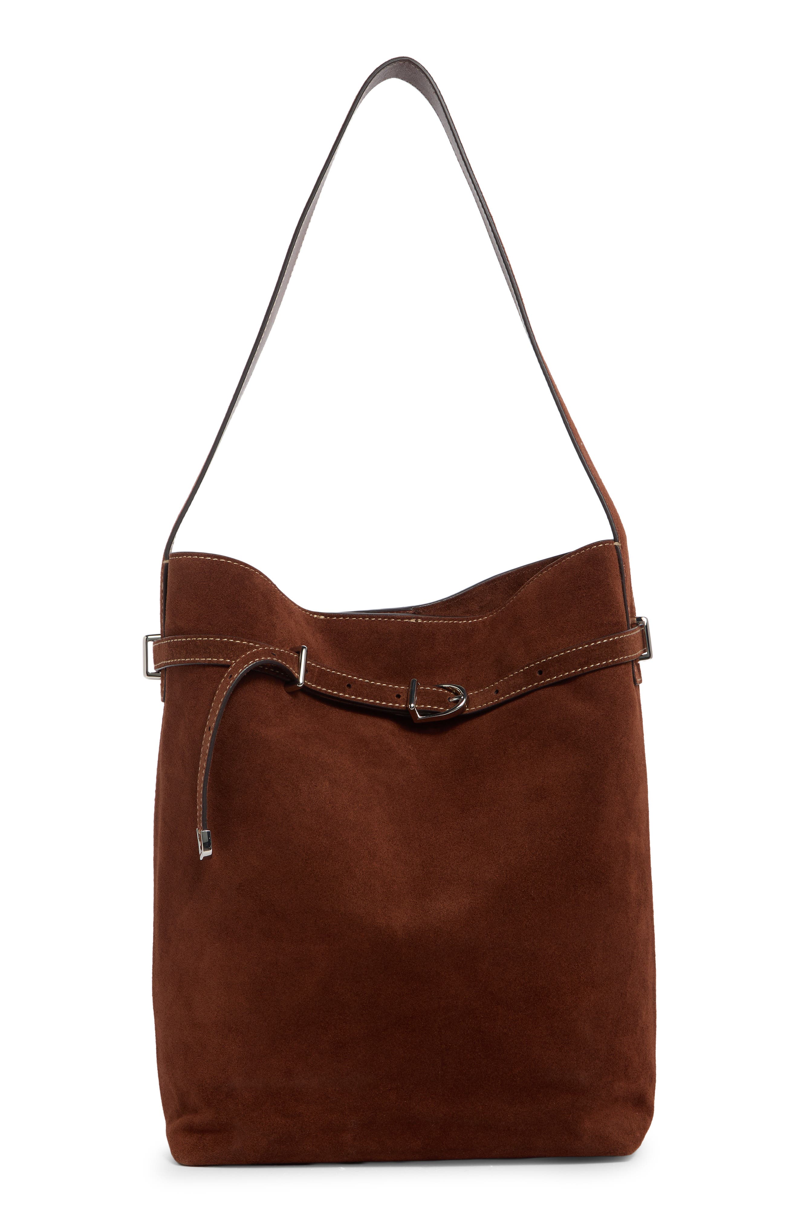 The Essential Belted Suede Bucket Tote, Main, color, SOFT MAHOGANY