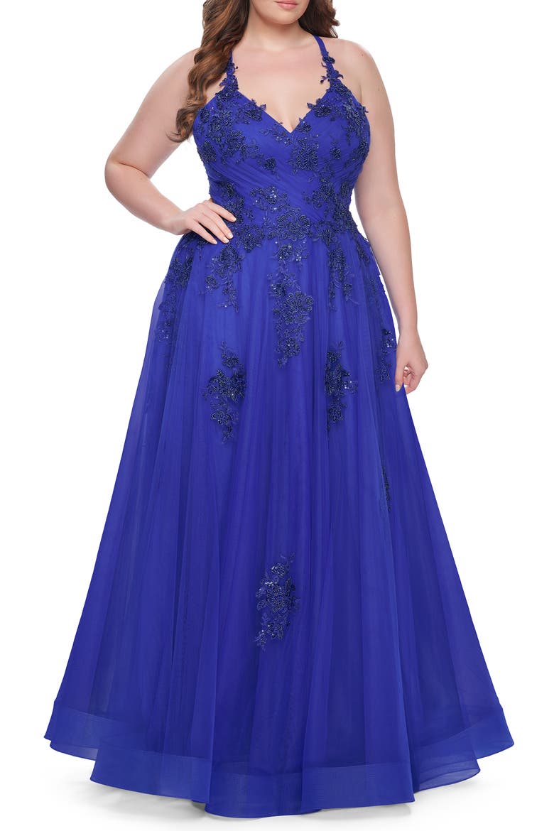 A-Line Tulle Plus Dress with Lace Applique and Tie Back, Main, color, Royal Blue