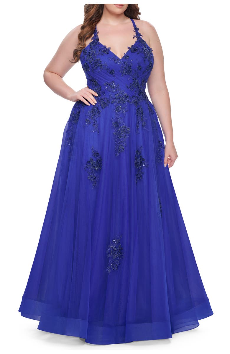 La Femme A-Line Tulle Plus Dress with Lace Applique and Tie Back, Main, color, Royal Blue