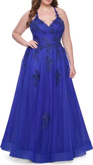 La Femme A-Line Tulle Plus Dress with Lace Applique and Tie Back