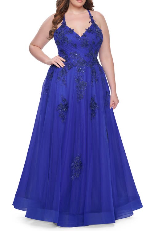 La Femme A-line Tulle Plus Dress With Lace Applique And Tie Back