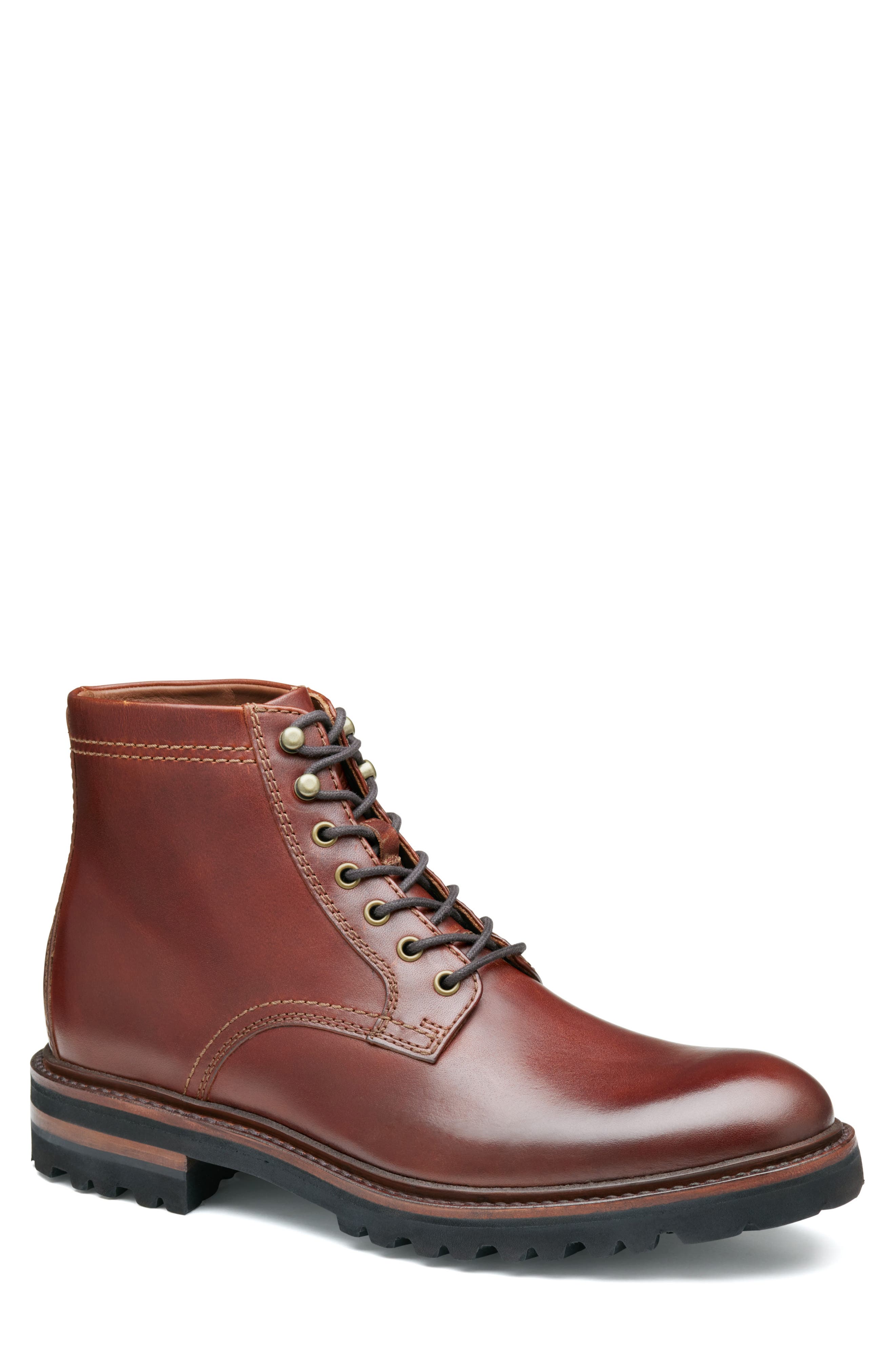 Johnston & Murphy Dudley Plain Toe Lug Boot, Main, color, Mahogany Full Grain