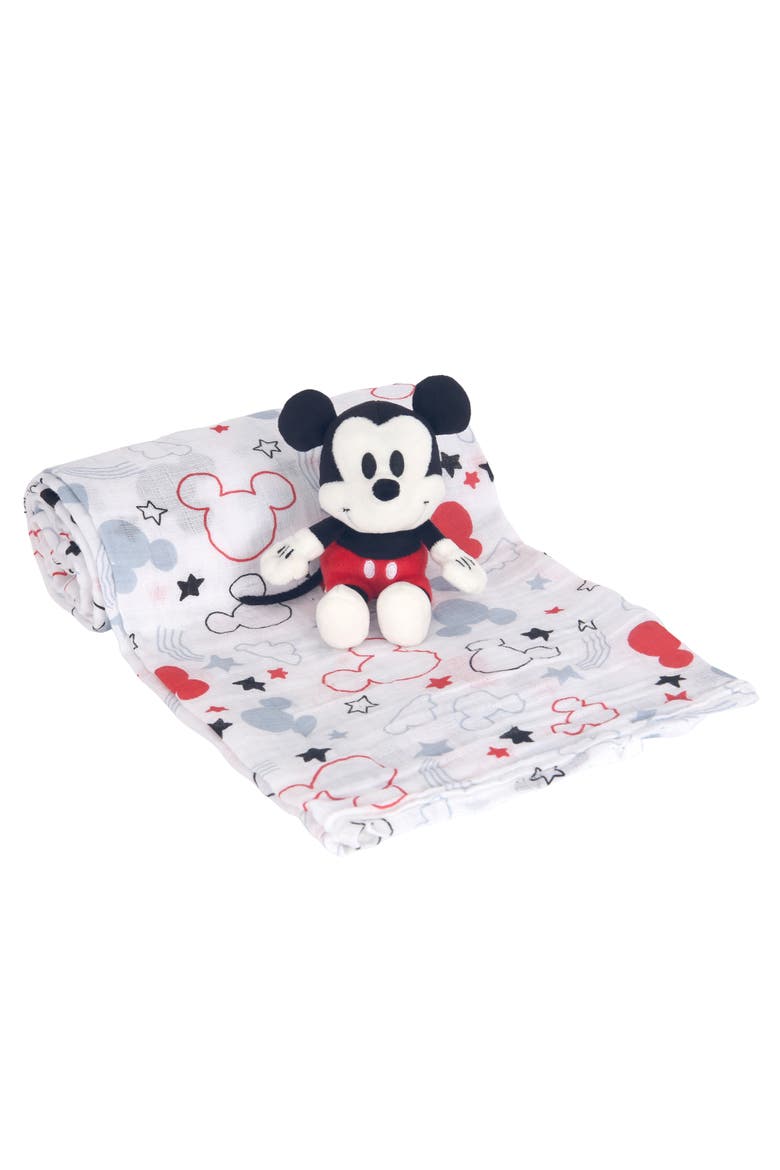 Disney Baby Mickey Mouse Muslin Swaddle Blanket & Plush Gift Set, Main, color, White