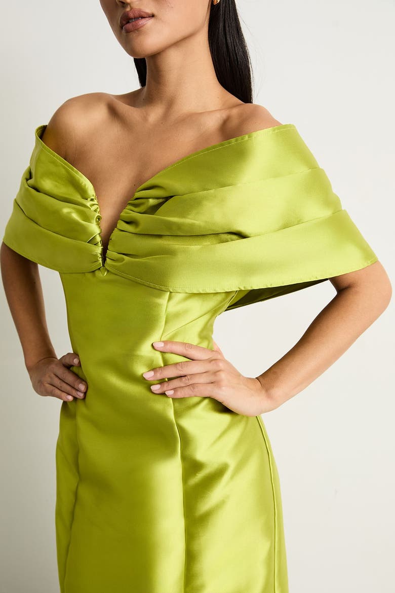 Petite Satin Twill Bardot Midi Dress, Alternate, color, Chartreuse