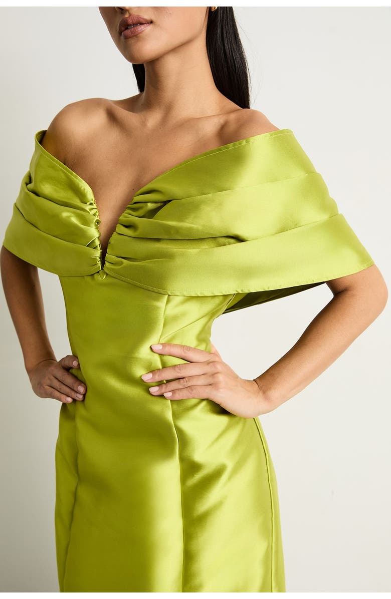 Warehouse Petite Satin Twill Bardot Midi Dress, Alternate, color, Chartreuse