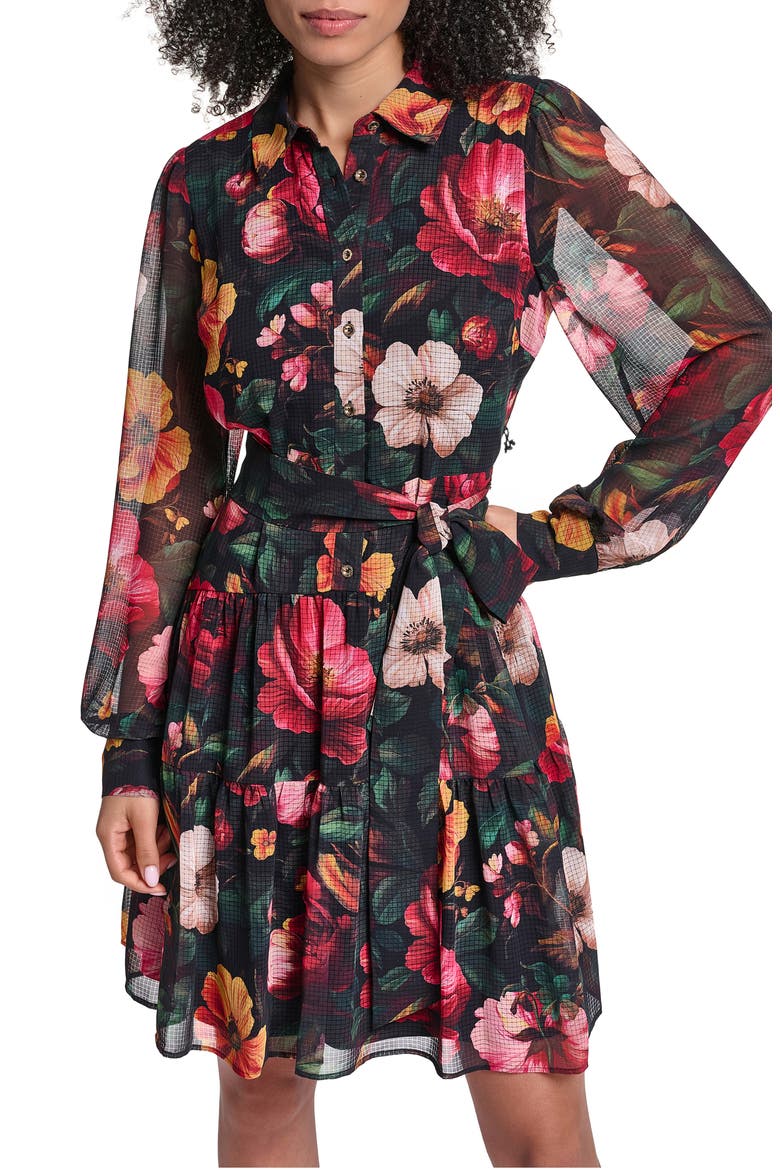 Print Tie Waist Long Sleeve Chiffon Dress, Alternate, color, BLACK PORT COMBO