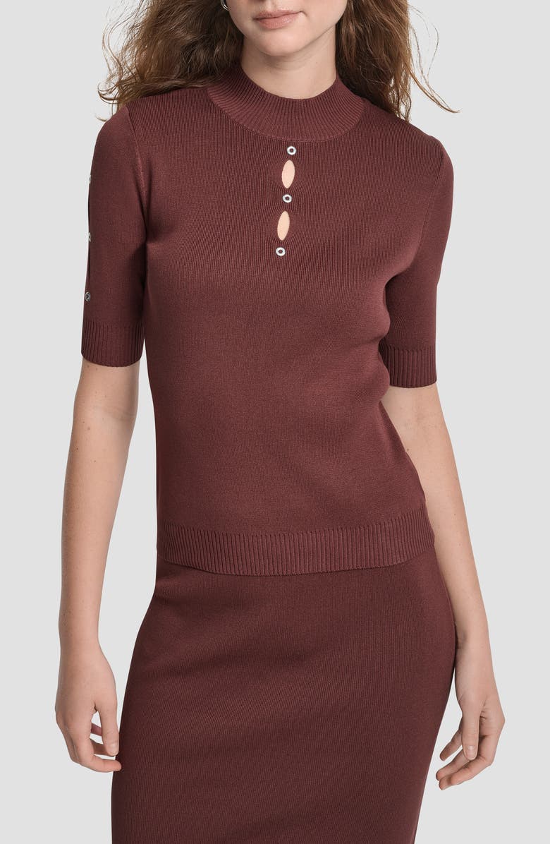 DKNY Cutout Grommet Mock Neck Sweater, Main, color, Bitter Chocolate