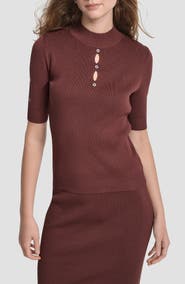 DKNY Cutout Grommet Mock Neck Sweater