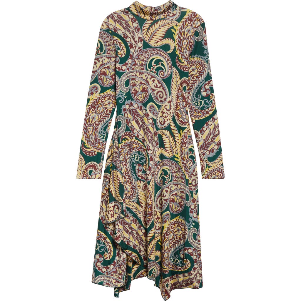 Etro Paisley Long Sleeve Open Back Midi Dress In Green