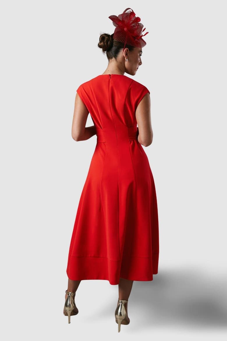 Belted Crepe V-Neck Midi Dress, Alternate, color, Flame Red