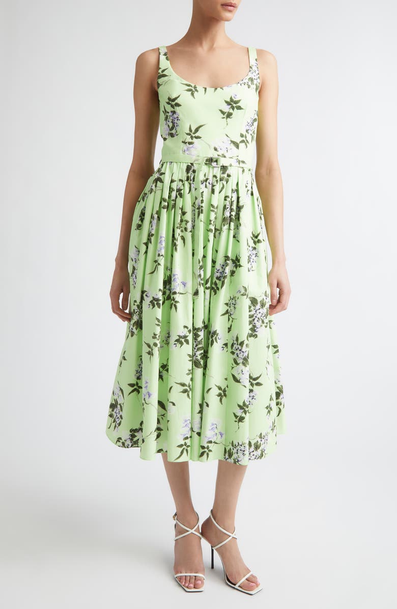 Emilia Wickstead Eglantine Belted Midi Dress, Main, color, Green-Lilac Lillies/ Cherry