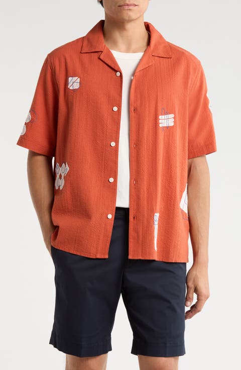 Didicot Scribble Appliqué Cotton Seersucker Camp Shirt