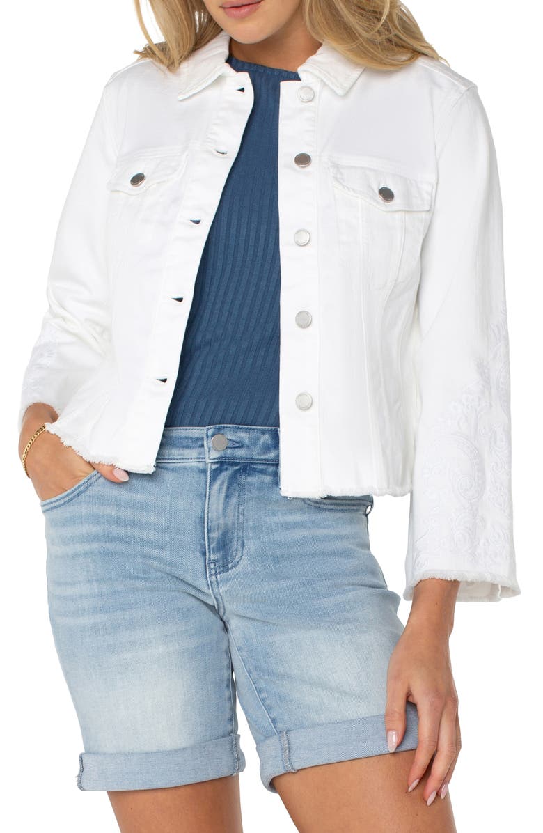 Liverpool Los Angeles Wide Sleeve Fray Hem Denim Trucker Jacket, Main, color, 