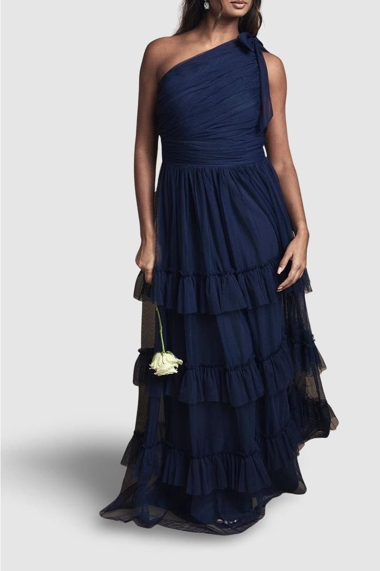 Pleated One Shoulder Tiered Maxi Dress, Alternate, color, Navy