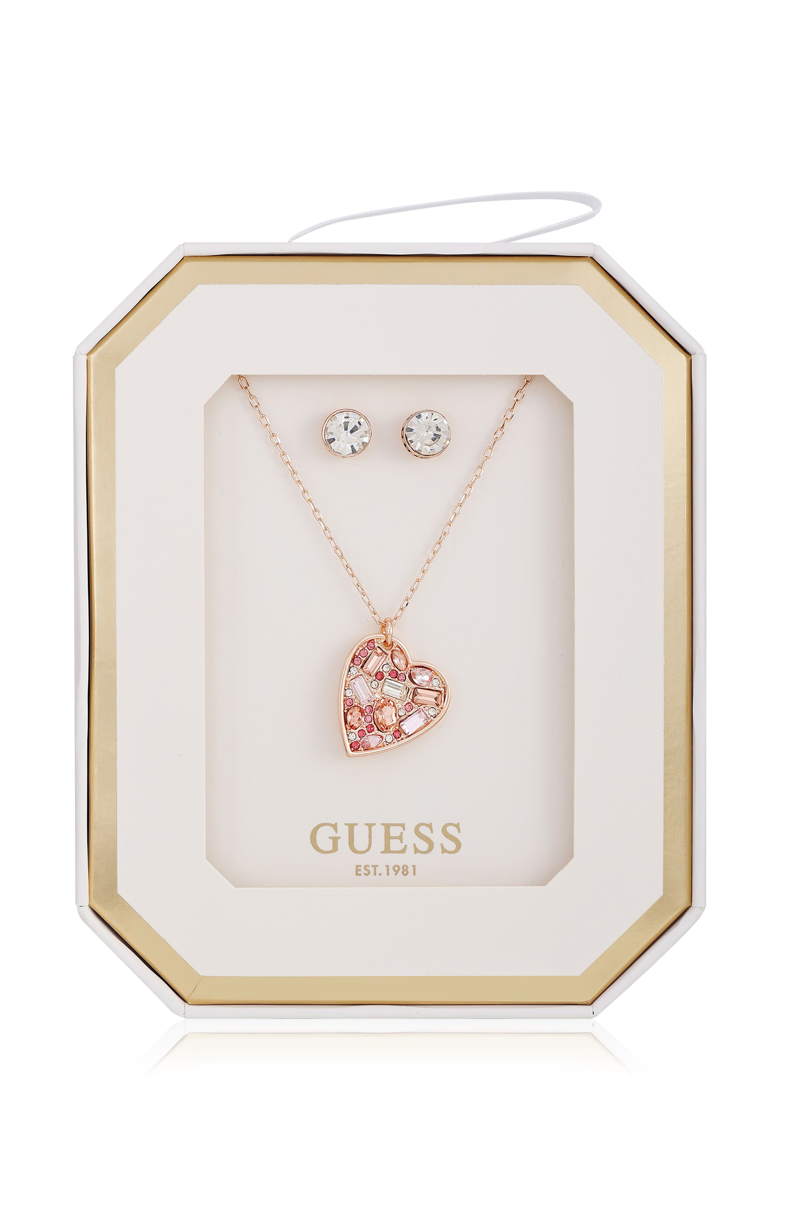 GUESS Heart Pendant Necklace & Stud Earrings Set
