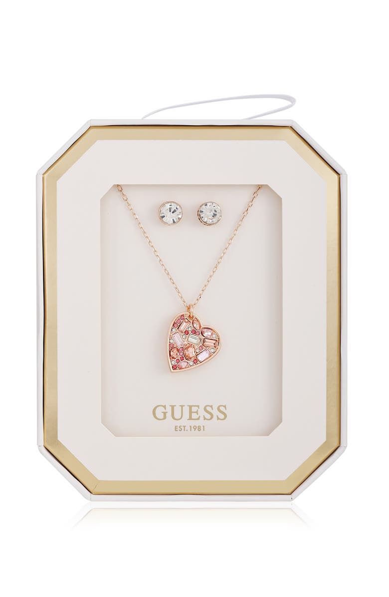 GUESS Heart Pendant Necklace & Stud Earrings Set, Main, color, Rose Gold