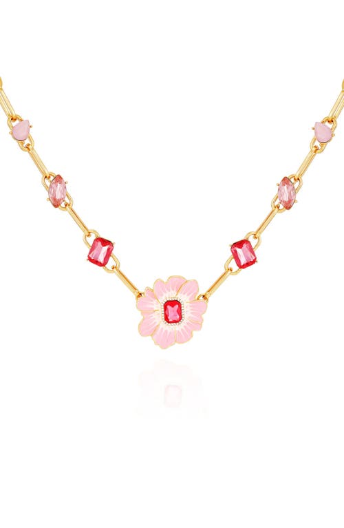 Guess Gold-tone Enamel & Stone Pink Blossom Statement Necklace, 18" + 2" Extender In Gold