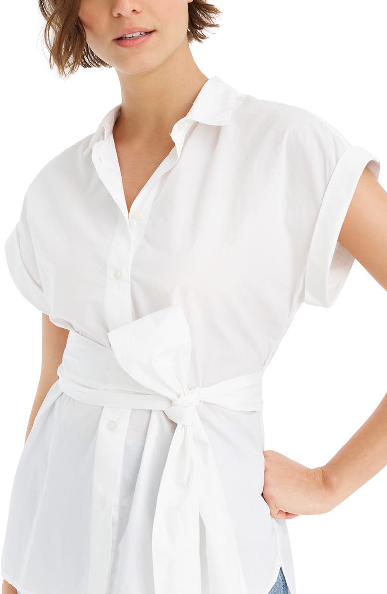 J.Crew Button Front Tie Waist Cotton Poplin Top, Alternate, color, 