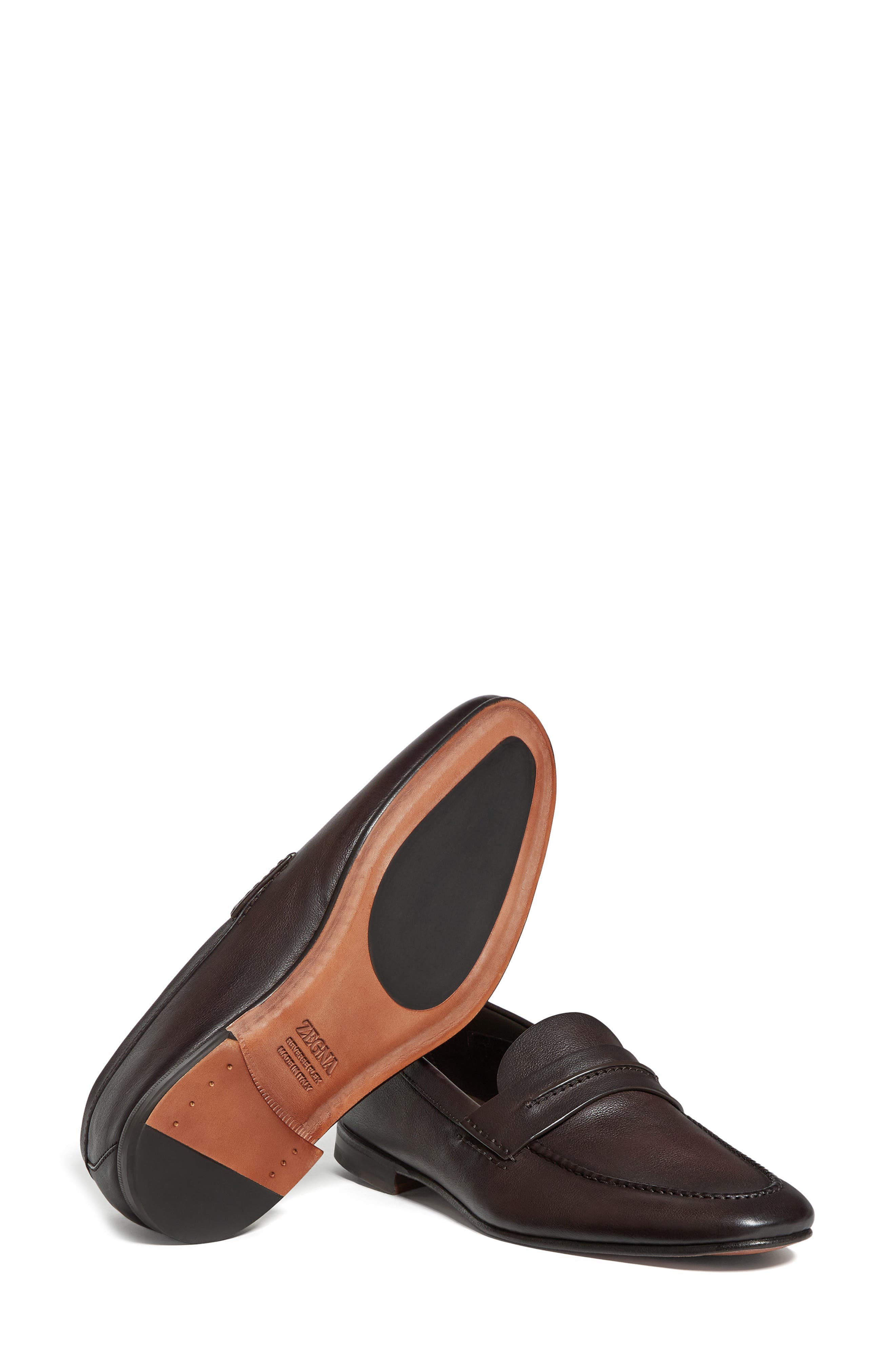 ZEGNA Black Natural Grain Leather Driving Loafer, Alternate, color, Dark Brown