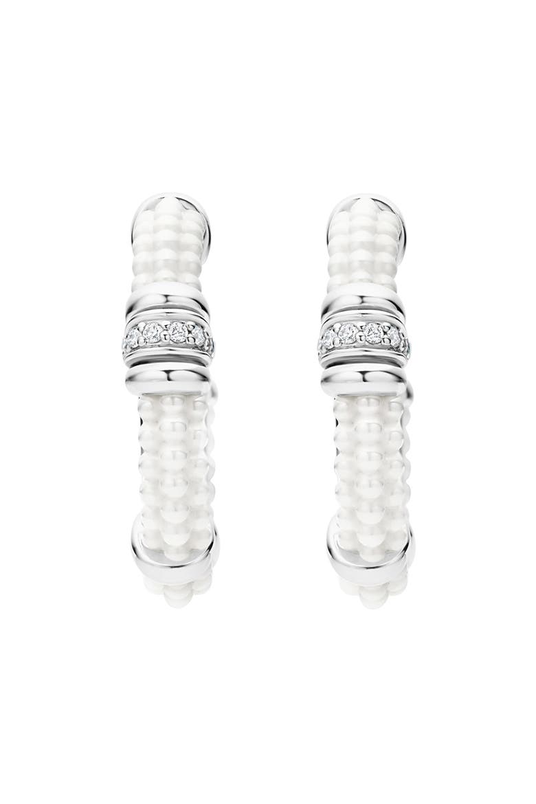 White Caviar Ceramic & Diamond Hoop Earrings, Alternate, color, SILVER/ DIAMOND
