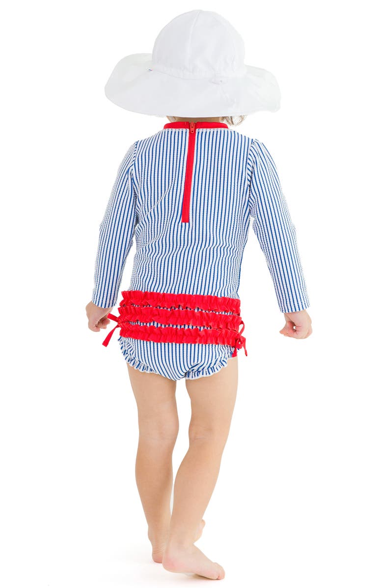 RuffleButts Seersucker Long Sleeve One-Piece Swimsuit, Alternate, color, Blue Seersucker