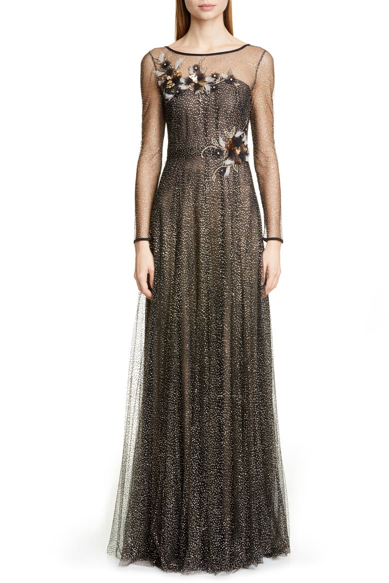 Long Sleeve Shimmer Tulle Gown, Main, color, BLACK