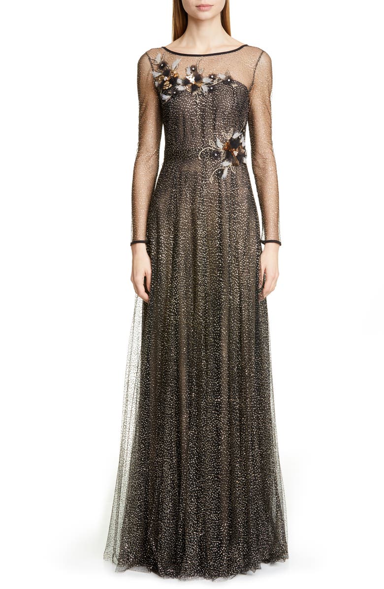 Marchesa Notte Long Sleeve Shimmer Tulle Gown, Main, color, 